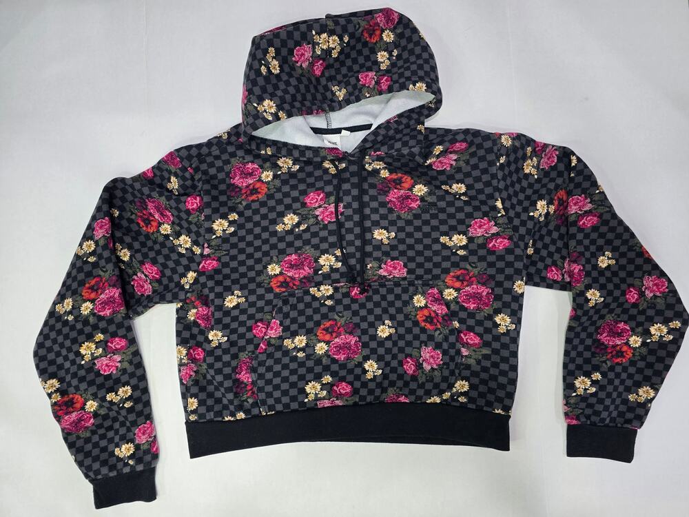 Vans Black Floral Checkerboard Cropped Hoodie XL Pullover